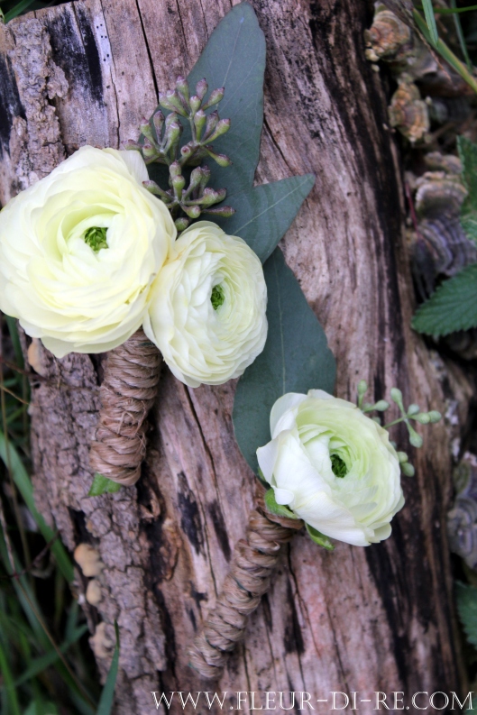 White Ranunculus Boutonniere with Seeded Eucalyptus